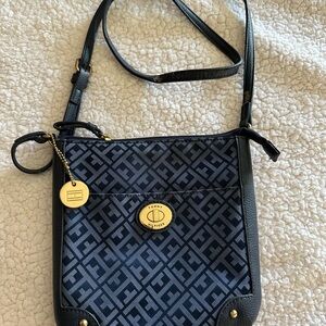 Tommy Hilfiger Navy and Black Monogram Crossbody with Gold-Tone Charm